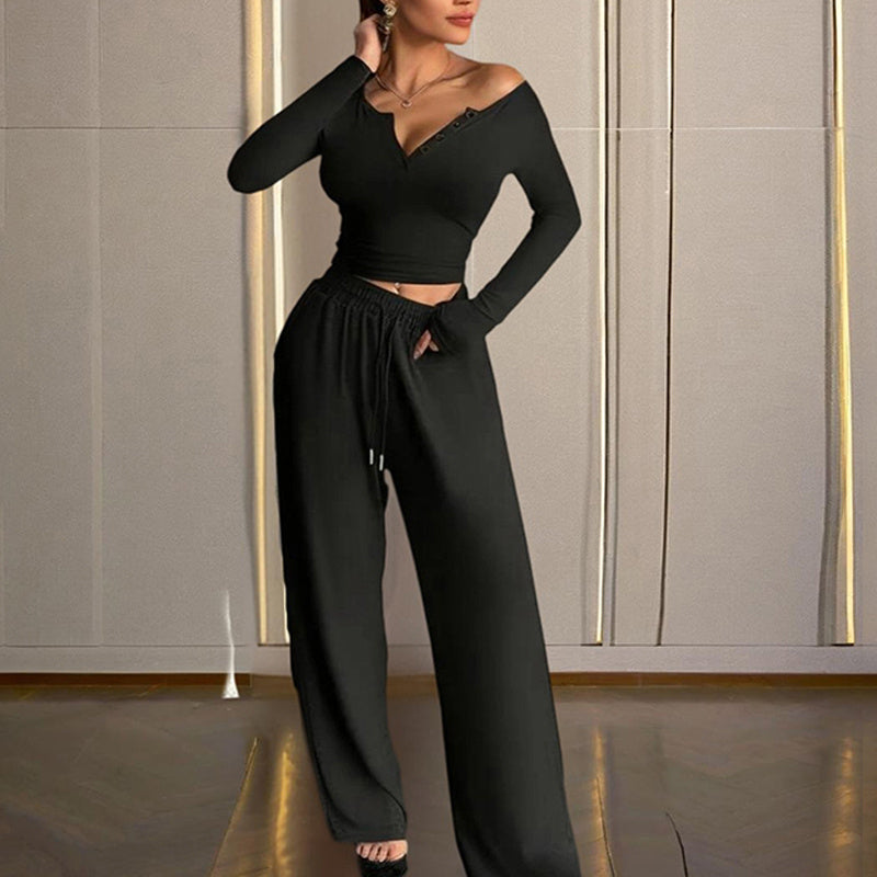 Women's Solid Color Fall&Winter Pants Set - Sexy V-Neck Button-Up Fitted Long Sleeve T-Shirt & High-Waist Flared Wide-Leg Stretchy Pants