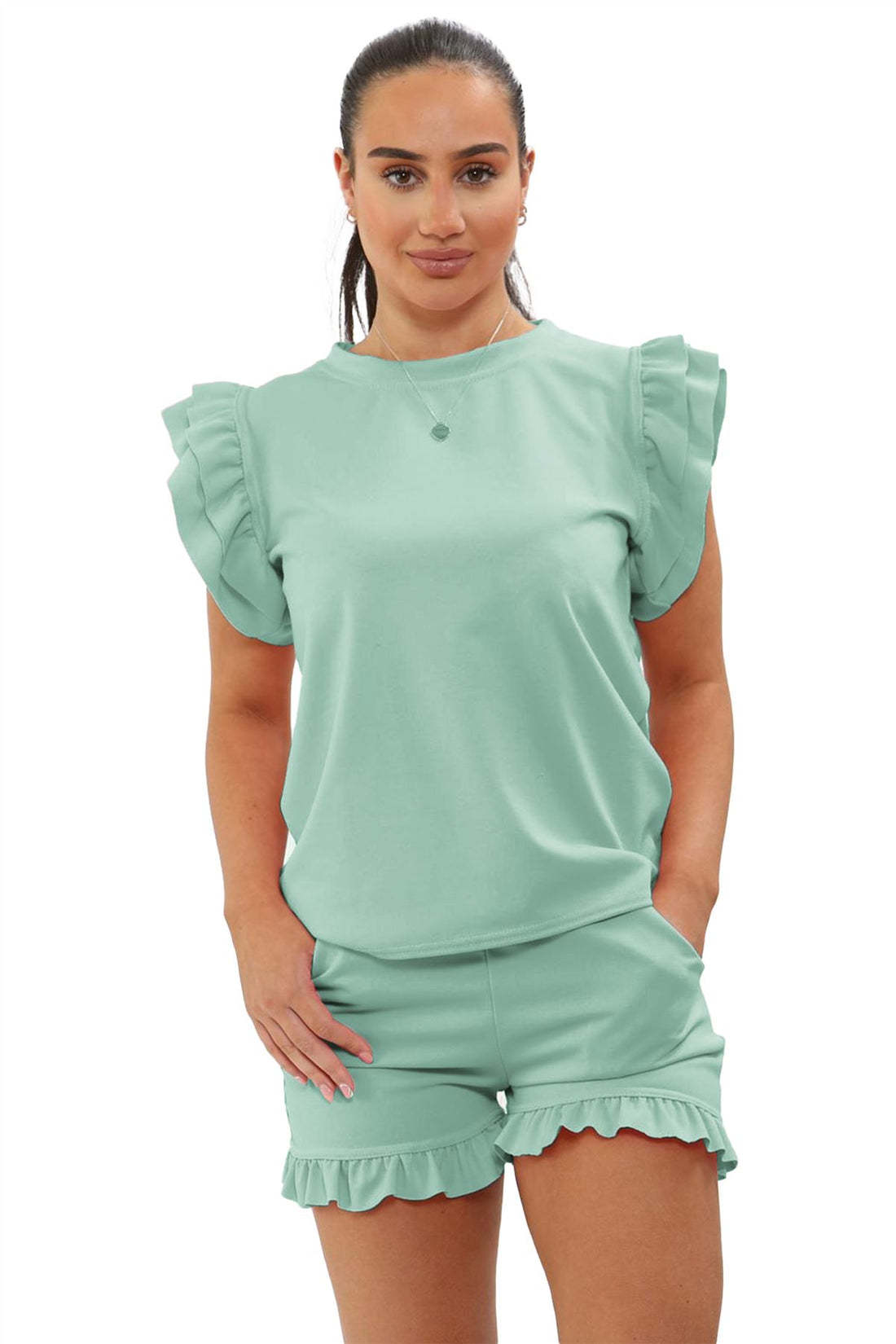 Ladies Frill Peplum Sleeve Top And Short 2 Piece Tracksuit Set