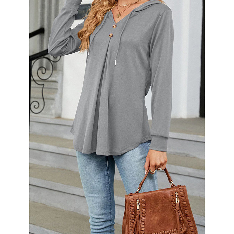 Women's Long Sleeve Hooded Tunic Tops Button Swing Pullover Hoodie Sweatshirts