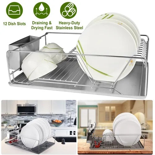 Dish Drying Rack Stainless Steel Dish Rack W Drainboard Cutlery Holder Kitchen Dish Organizer