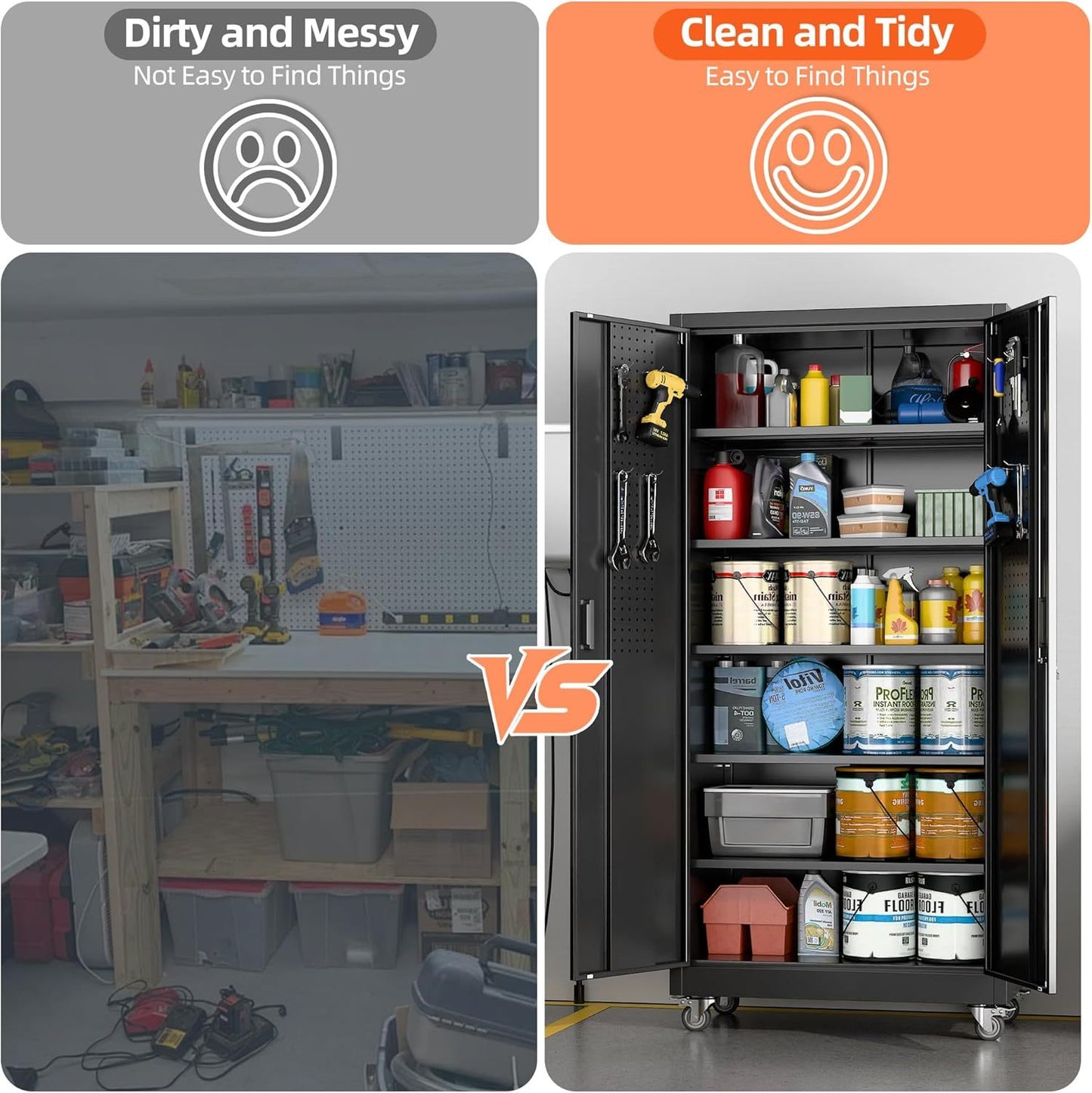 Metal Garage Cabinet With Wheels And Pegboard, Lockable Rolling Steel Cabinet With 5 Adjustable Shelves And Door For Garage, Office, Kitchen, Assembly Required Black