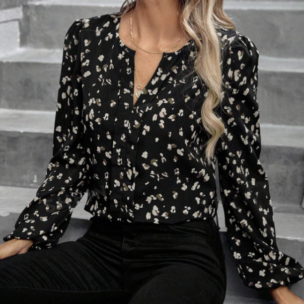 Ladies' Elegant Temperament Commuting Round Neck Floral Long Sleeved Shirt, Fashionable And High-end Top
