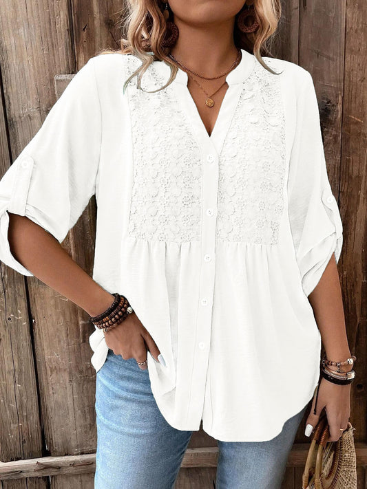 Women's Plus Size Lace Applique Vacation Shirt - Summer Casual Daily Outerwear With Roll-Up Sleeves And Button Closure