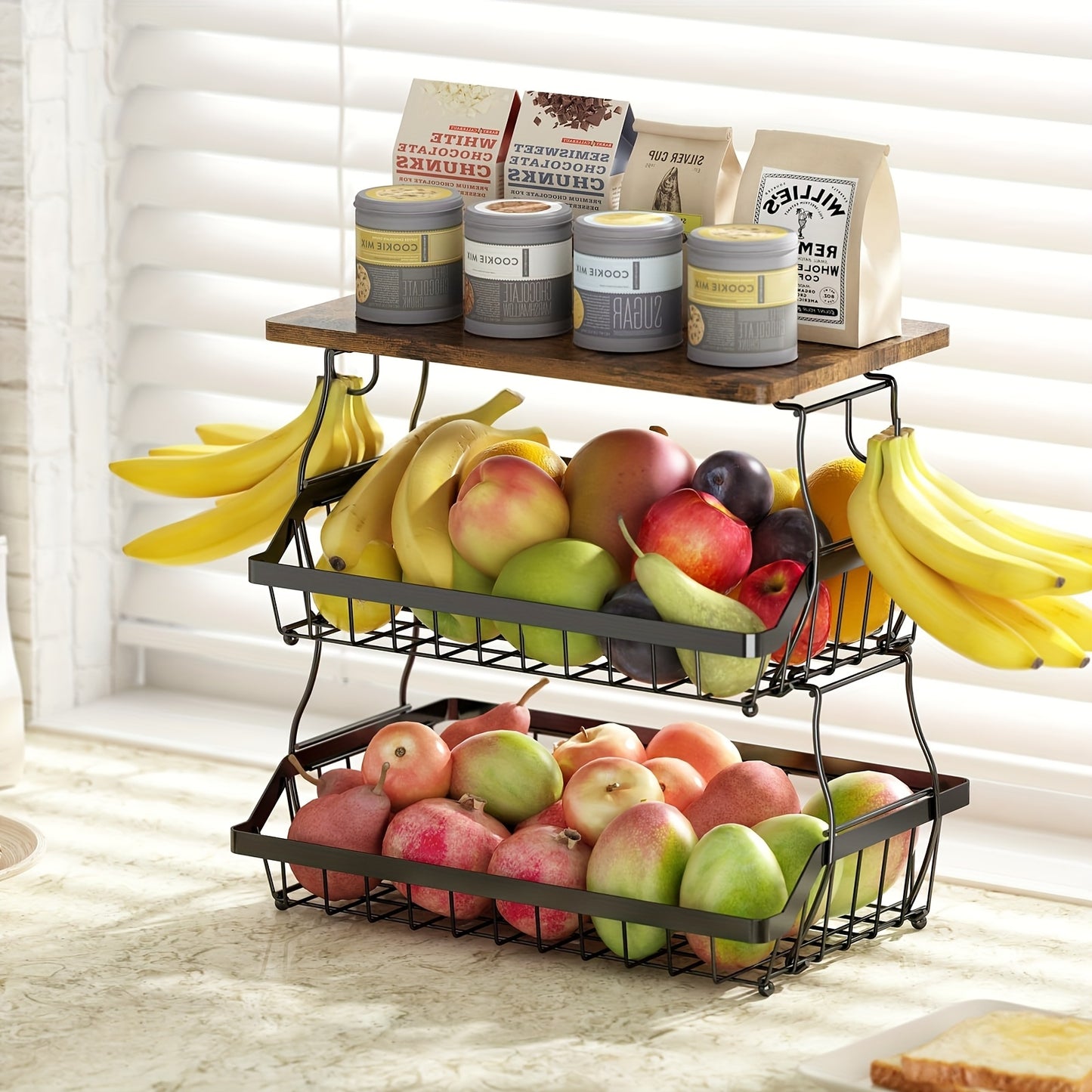 1pc 3-Layer Fruit Basket For Kitchen With 2 Banana Hooks, Suitable For Kitchen, Bread Vegetable Fruit Organizer With Wooden Handle, Large Capacity Rectangular Storage Rack, Black, Suitable For Restaur