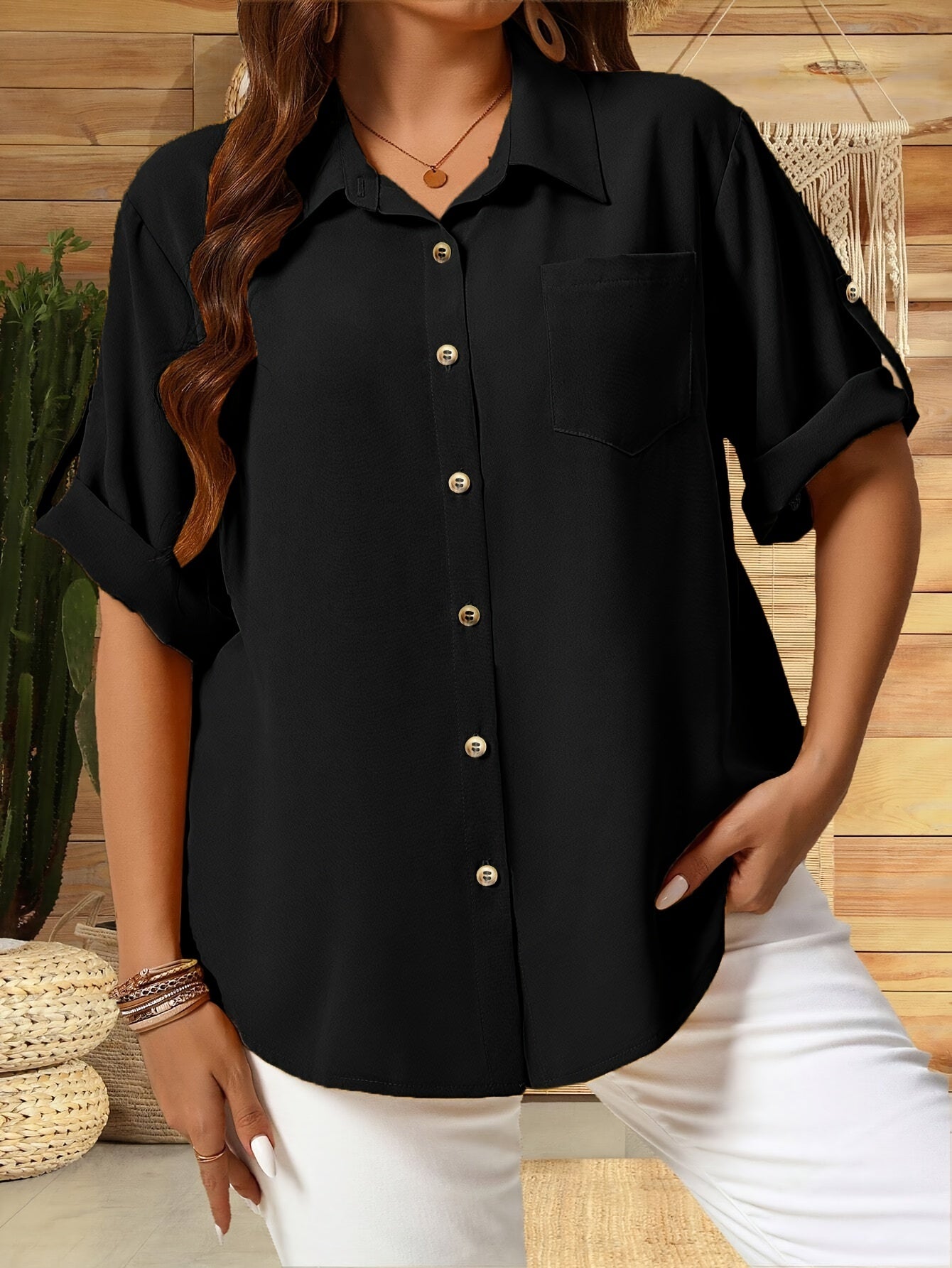 Women's Plus Size Button-Front Collar Shirt - Spring And Summer Casual Short-Sleeve Blouse & Plus Size Apparel