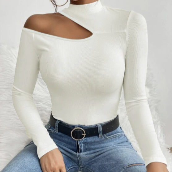 Ladies' Solid Color Elegant High Neck Sloping Shoulder Off The Shoulder Sexy T-shirt Top