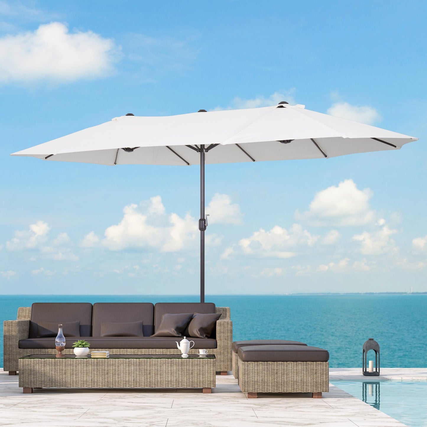 15ft Double Sided Patio Umbrella Outdoor Market Extra Large Cream White With Crank For Deck Lawn  Pool