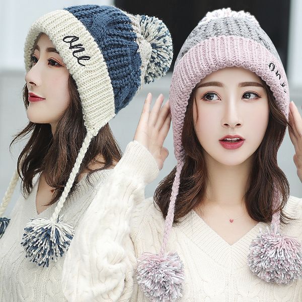 Winter Hat Women's Fleece-lined Warm Wool Hat Korean Style Colorblock All-matching Hat
