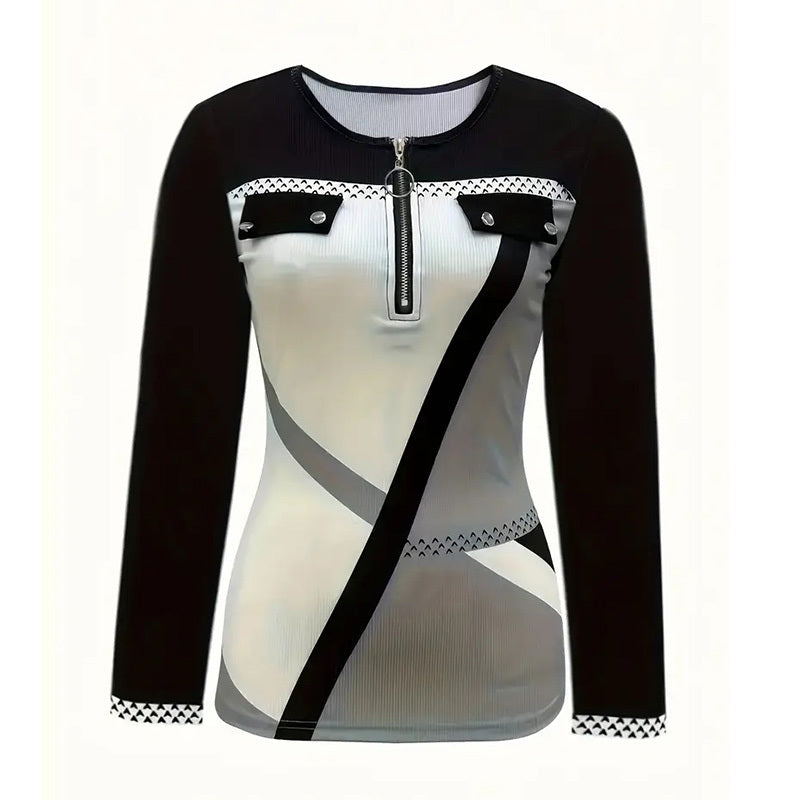 Women's Elegant Color-Block V-Neck Long Sleeve Top With Zip Detail - Spring&Fall Casual & Semi-Formal Blouse