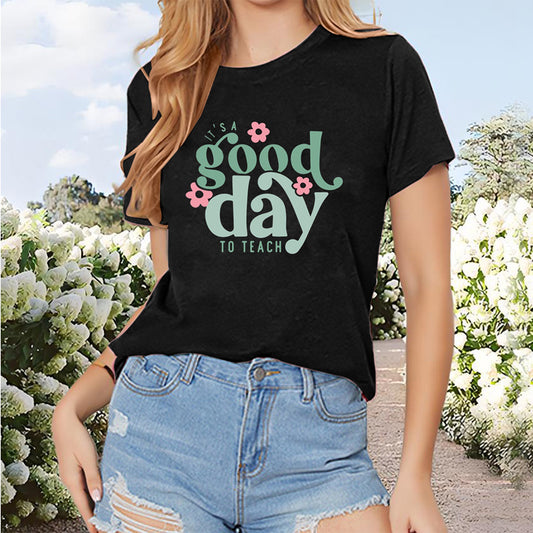 Women's Short Sleeve Round Neck T-Shirt With 'Good Day' Text & Floral Print, Casual Summer Top