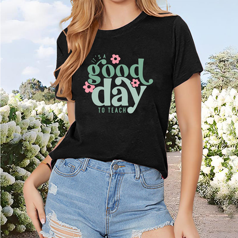 Women's Short Sleeve Round Neck T-Shirt With 'Good Day' Text & Floral Print, Casual Summer Top
