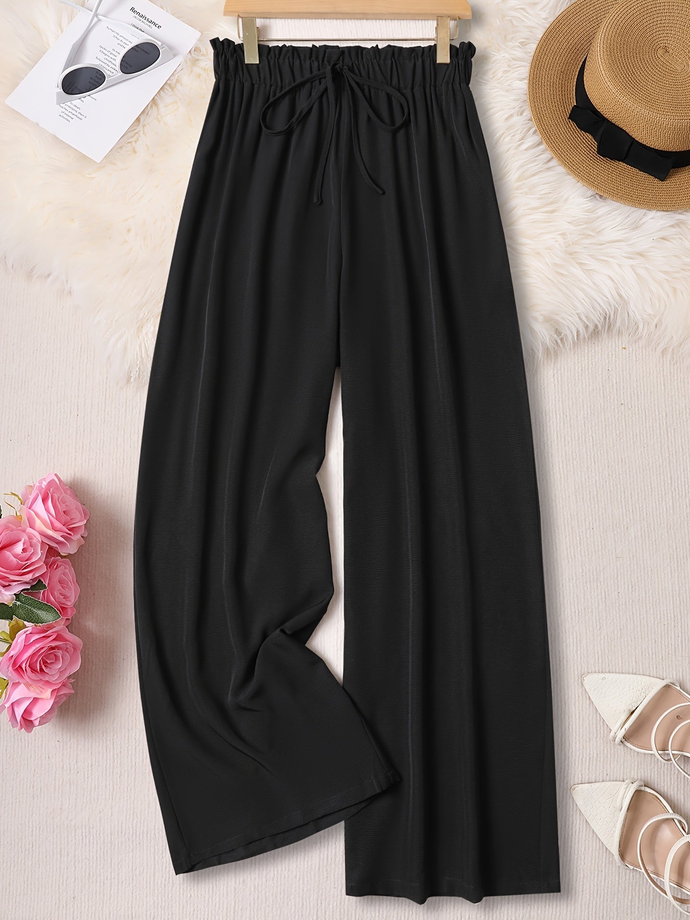 Women's Plus Size Elastic Waistband Pants With Waist Tie - Summer Casual Wide-Leg Trousers