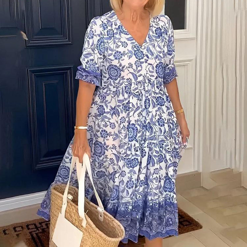 Women's Plus Size V-Neck Floral Print Dress - Loose Fit Casual Spring Summer Dress