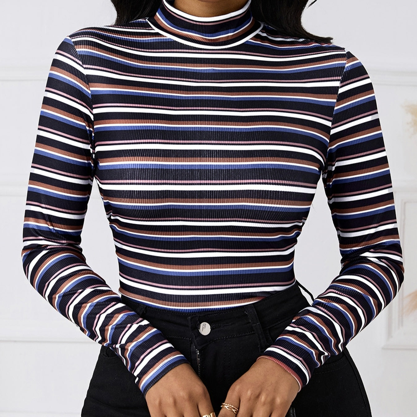 Ladies' Fashionable And Elegant Temperament Versatile Spring Multi-color Splicing Layer Long Sleeved Round Neck T-shirt Top