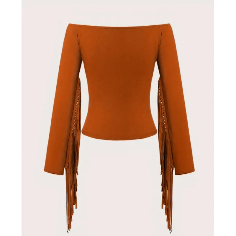 Women's Western Cowgirl Off-Shoulder Fringe Top, Sexy Slim Fitted Long Sleeve Tassel Blouse
