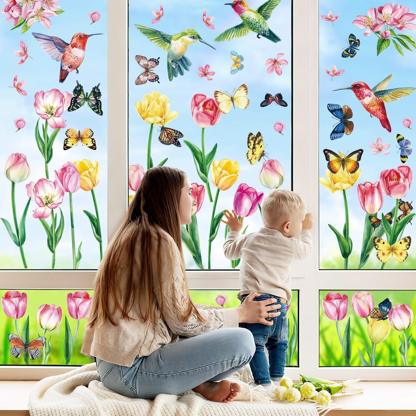 Window Stickers Spring Self-Adhesive 9 Sheets Spring Flowers Butterfly Window Stickers Double Sided Window Stickers Spring Hummingbird Window Stickers For Window Decoration Spring,415-10032-KG