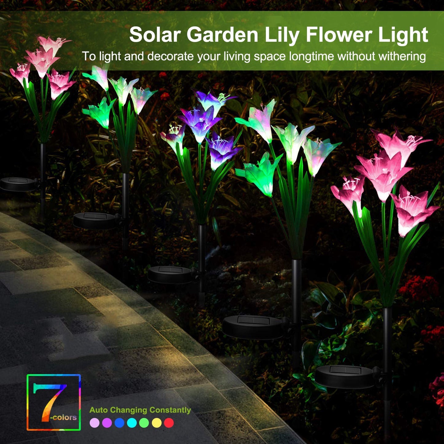 2Pcs Solar Pathway Lights Outdoor Lily Flower 7-Color Changing IP65 Waterproof For Garden Patio Yard Walkway