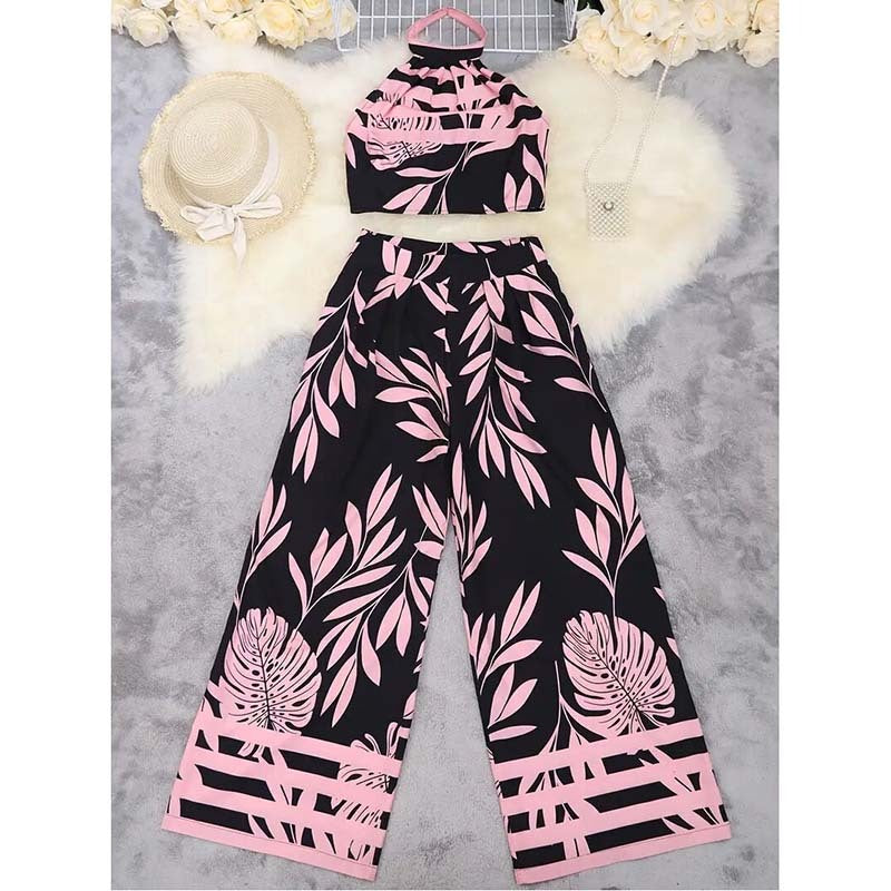 Women's 2 Piece Outfits Plants Graphic Print Crop Halter Top And Wide Leg Pants Set
