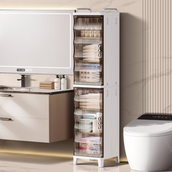 Narrow Slit Folding Storage Cabinet Plastic Magnetic Door Storage Cabinet Storage Cabinet Suitable For Bathroom, Toilet, Living Room, Bedroom Storage