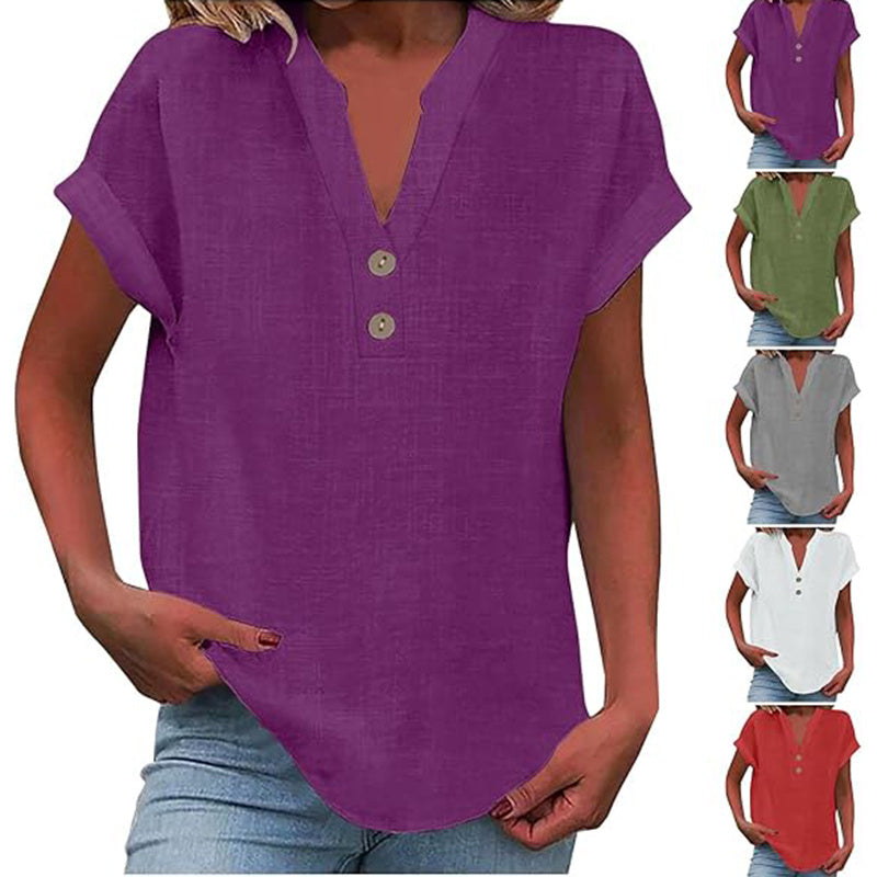 Women's Solid Color V-Neck Short Sleeve Blouse Button Detail, Summer Casual & Work T-Shirt