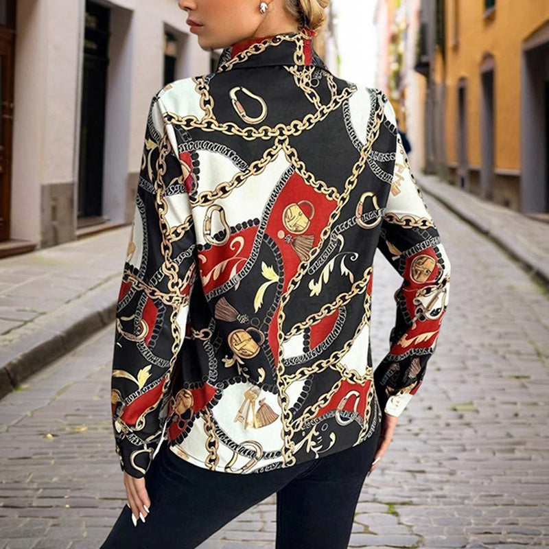 Women's Lapel Long Sleeve Shirt - Fitted Cut Intricate Print Button-Up Design Casual Spring&Fall Wear