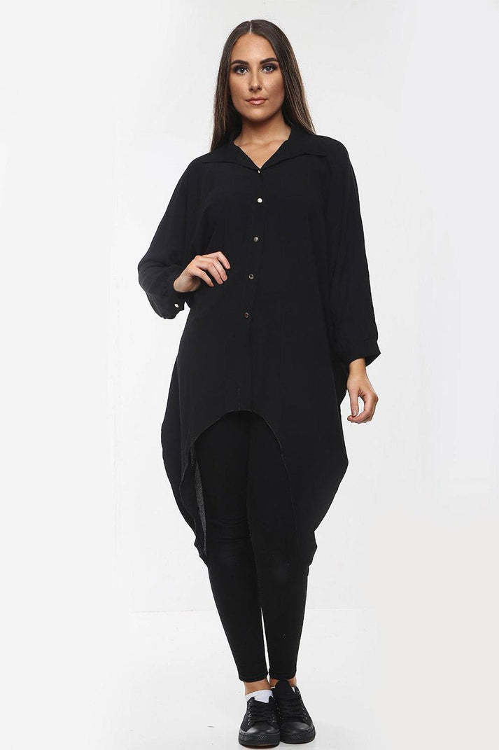 High-Low Oversized Button Long Top Shirt Dress With Hem And Long Sleeves
