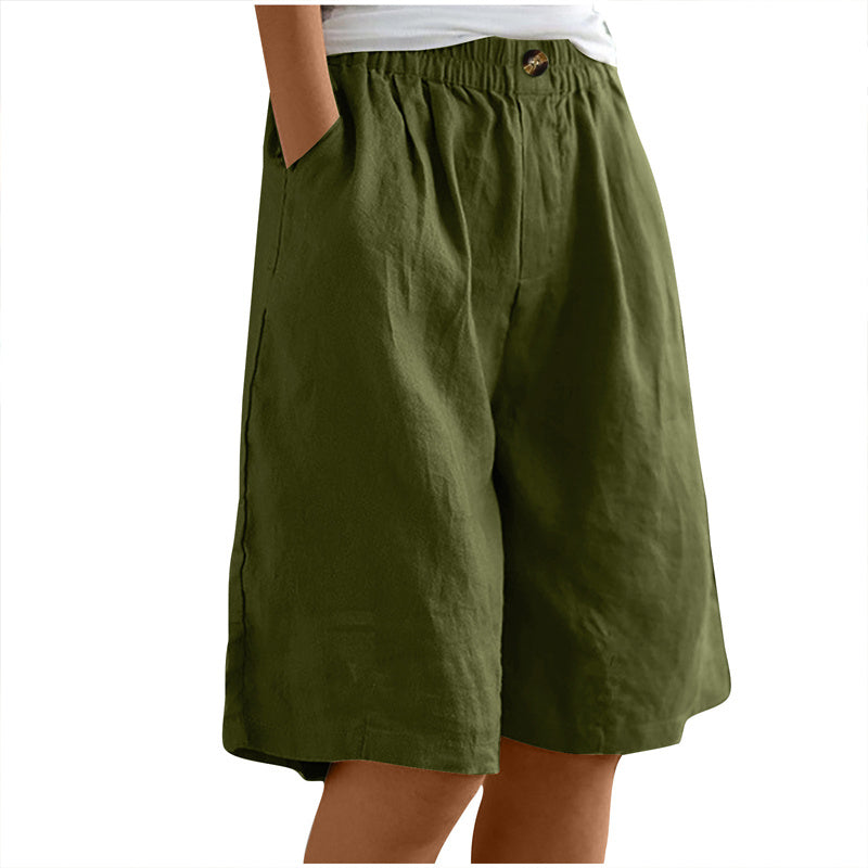 Women's Casual High Waist Loose Fit Solid Color Shorts - Button & Elastic Waist With Pockets, Comfortable Summer Shorts