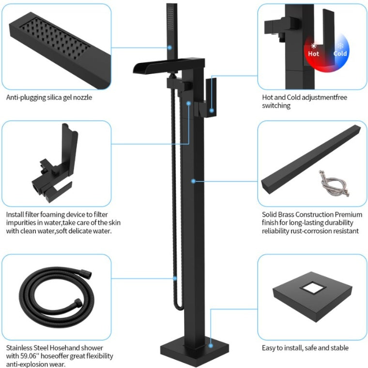 Thermostatic Freestanding Bathtub Faucet Waterfall Tub Filler Black Floor Mount Brass Bathroom Faucets With Hand Shower