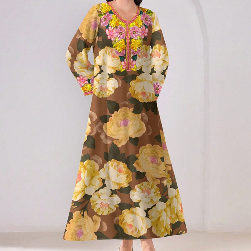 Women's Vibrant Floral Print V-Neck Long Sleeve Maxi Dress Elegant Bohemian A-Line Long Dress