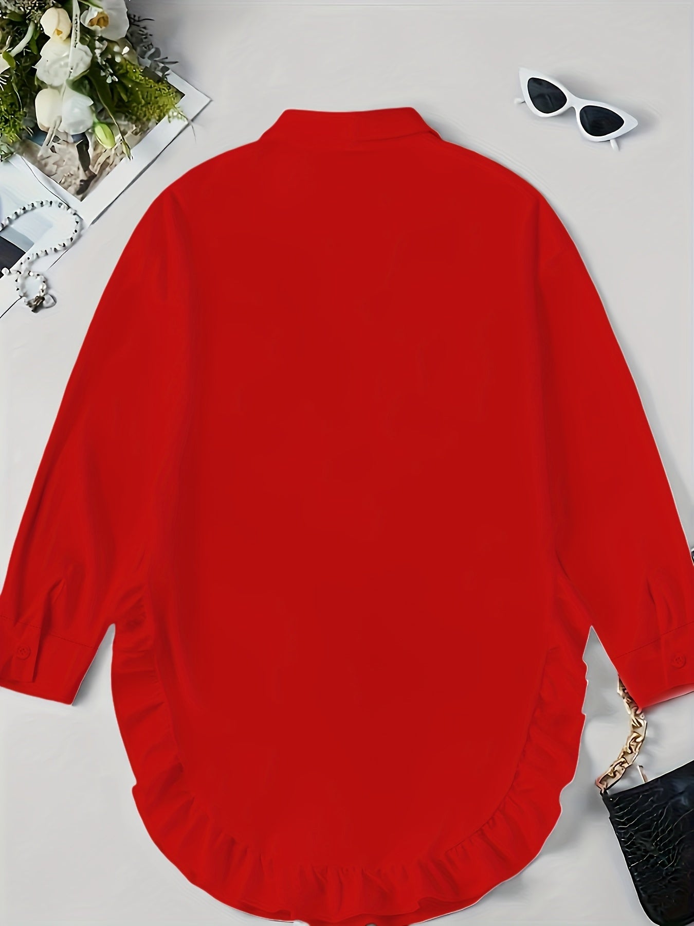 Women's Plus Size Casual Shirt With Ruffle Hem, Solid Color, Woven Polyester, Non-Stretch, Pointed Collar, Button Front, For All Seasons