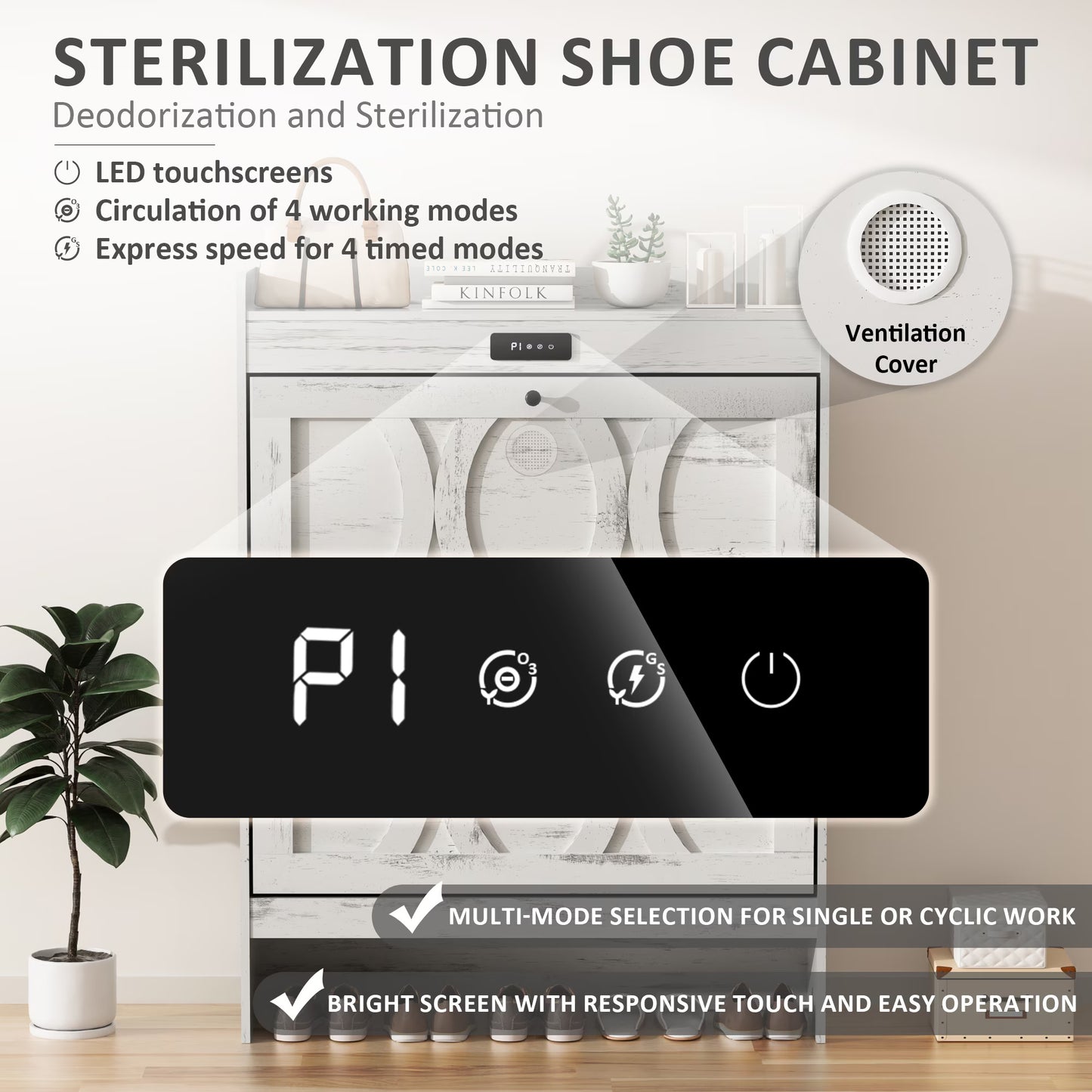 VFF Deodorizing Shoe Storage Cabinet With 2 Flip Drawers,LED Touchsreen Freestanding White