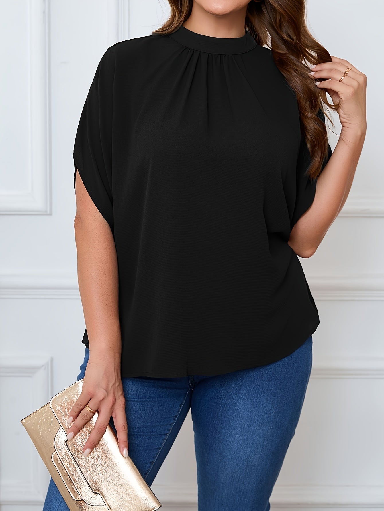 Women's Plus Size Batwing Blouse - Fashionable Casual With Tie & Cutout Details, Comfortably Loose Solid Color Top