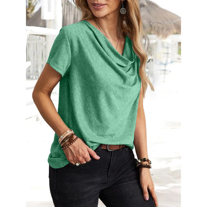 Womens Short Sleeve Cowl Neck Shirts Trendy 2025 Dressy Casual Outfits Ladies Top Blouses