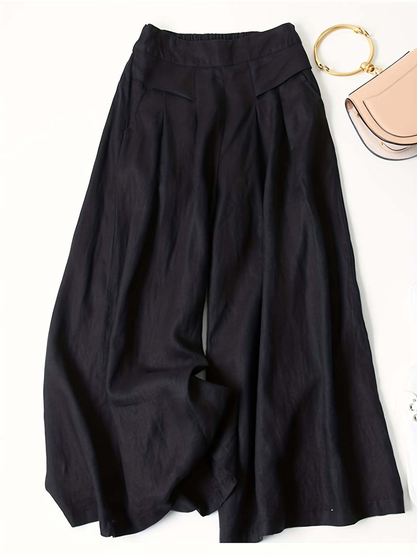Comfortable Women's High Waist Wide-Leg Pants - Solid Black, Elastic Waistband With Pockets, Casual All-Season Polyester Trousers