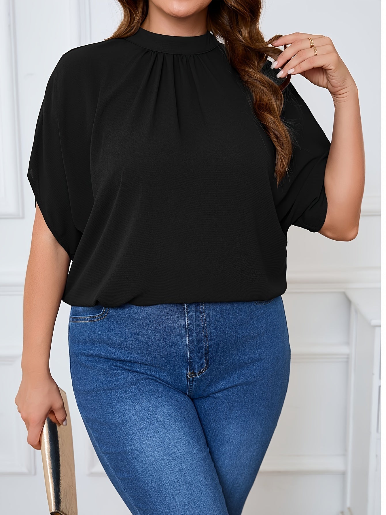 Women's Plus Size Batwing Blouse - Fashionable Casual With Tie & Cutout Details, Comfortably Loose Solid Color Top