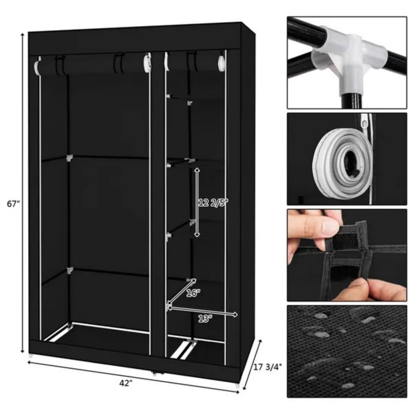 Portable Clothes Closet Wardrobe With Non-woven Fabric And Hanging Rod Quick And Easy To Assemble Black