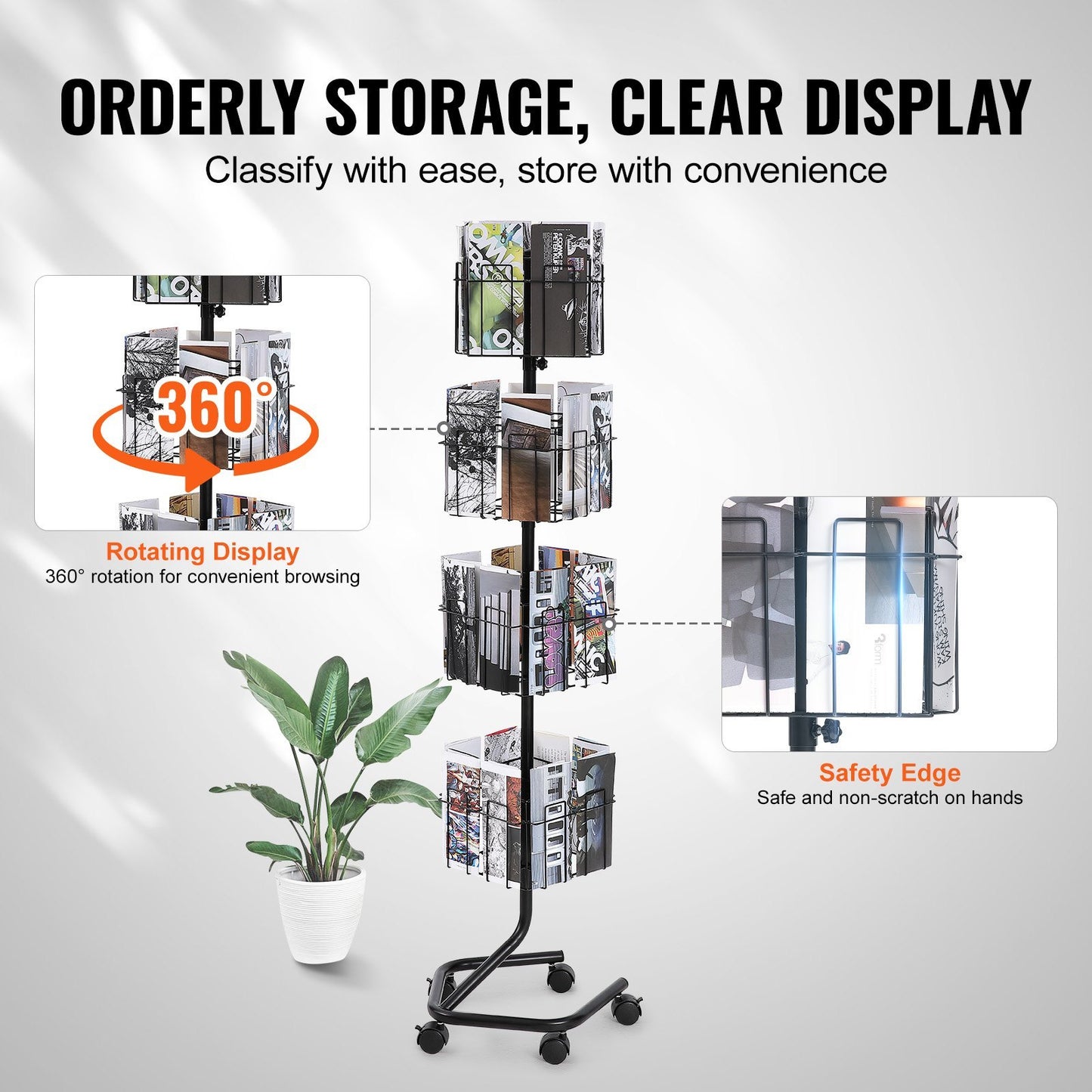 VEVOR Brochure Display Rack, 4-Tier 32 Pockets Rotating Magazine Literature Display Stand For Postcards, Spinning Greeting Cards Rack With 5 Wheels  2 Lockable  For Shop Exhibitions Office