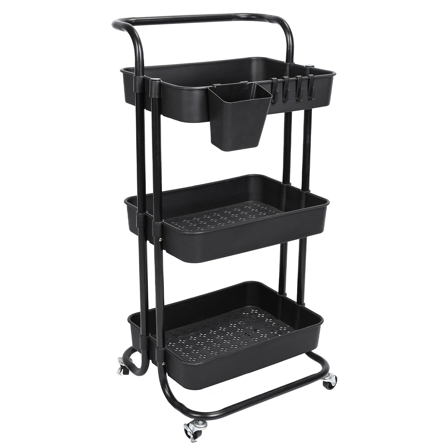Black-White Color Options 1Pc 3 Tier Rolling Utility Cart Movable Storage Organizer With Mesh Baskets Lockable Wheels 360 Degree Rotatable Hanging Box Hooks Bedroom Bathroom Kitchen