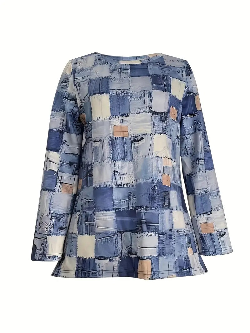 Spring-autumn New Long-sleeved Plaid Print Blue T-shirt With Round Neck Midi Top
