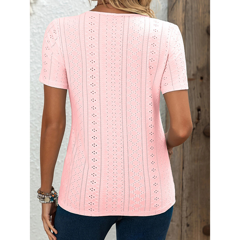 Women's V Neck Short Sleeve Eyelet Tops Summer Casual Loose Fit Button T Shirts