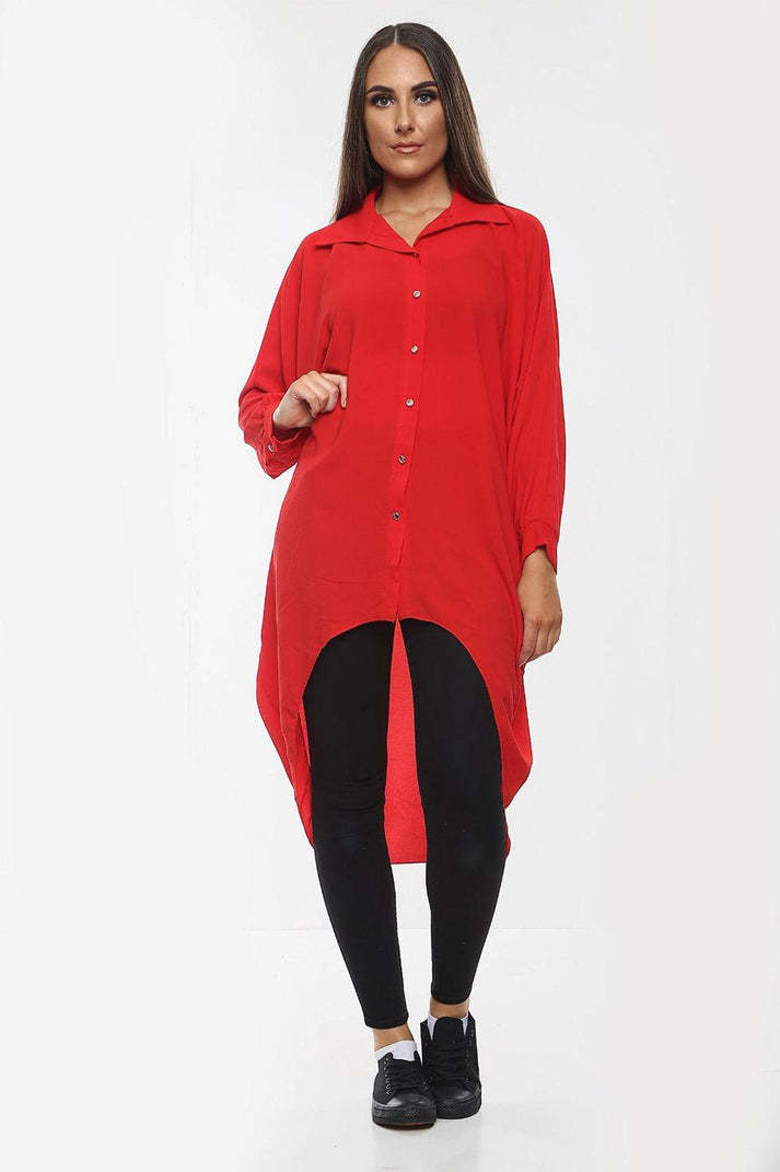 High-Low Oversized Button Long Top Shirt Dress With Hem And Long Sleeves