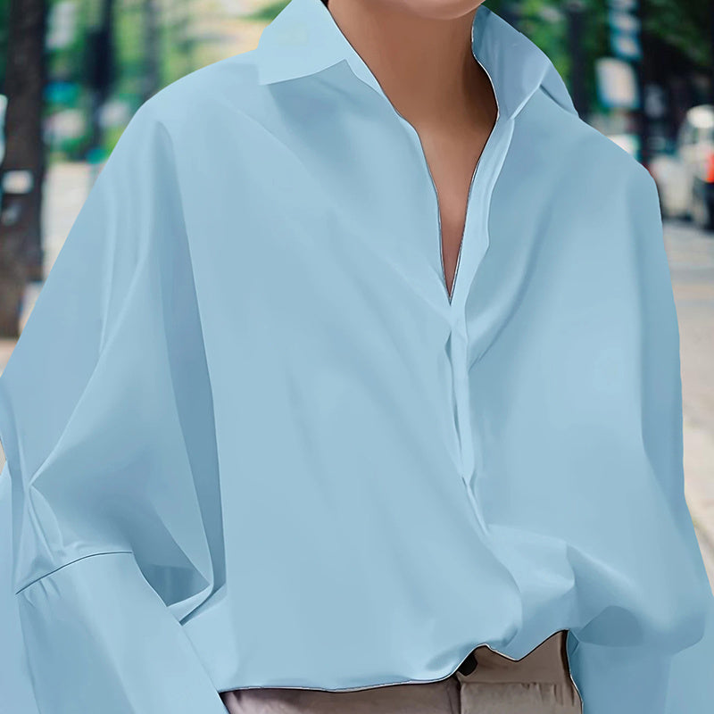 Women's Solid Color Fashion V-Neck Blouse - Puff Sleeve Button-Down Long-sleeved Shirts For Spring & Fall