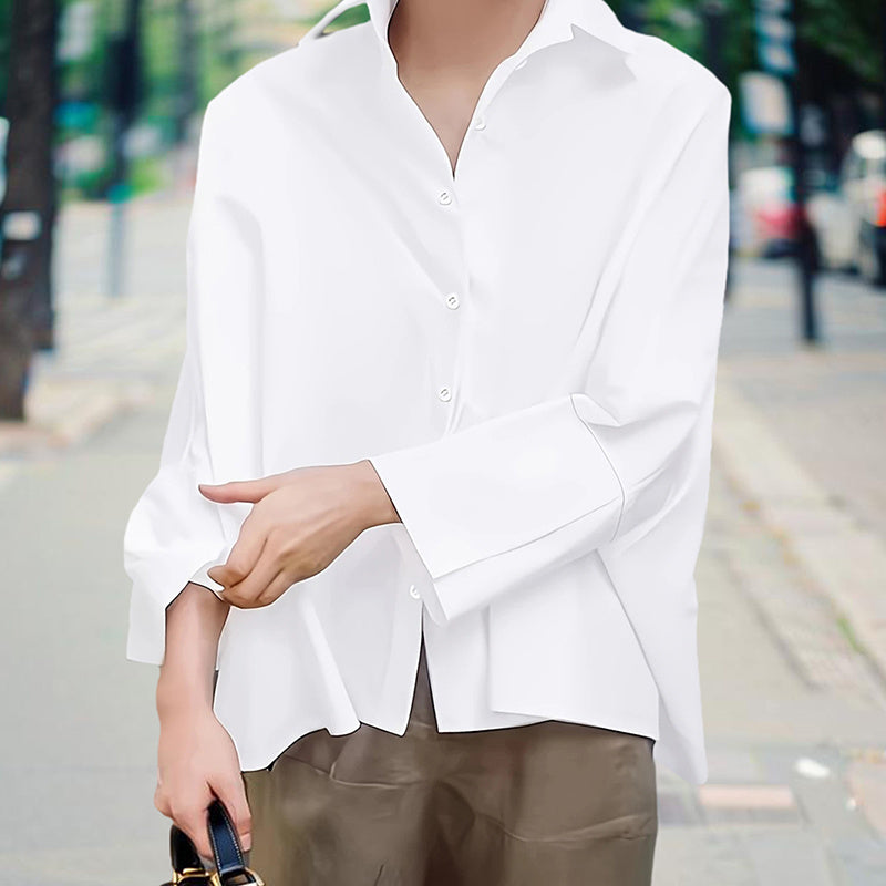 Women's Solid Color Fashion V-Neck Blouse - Puff Sleeve Button-Down Long-sleeved Shirts For Spring & Fall