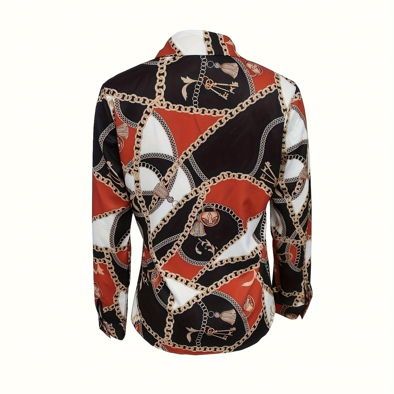 Ladies' Sexy Button Up Shirt With Fashionable Chain Print V-neck Lapel Long Sleeved Top