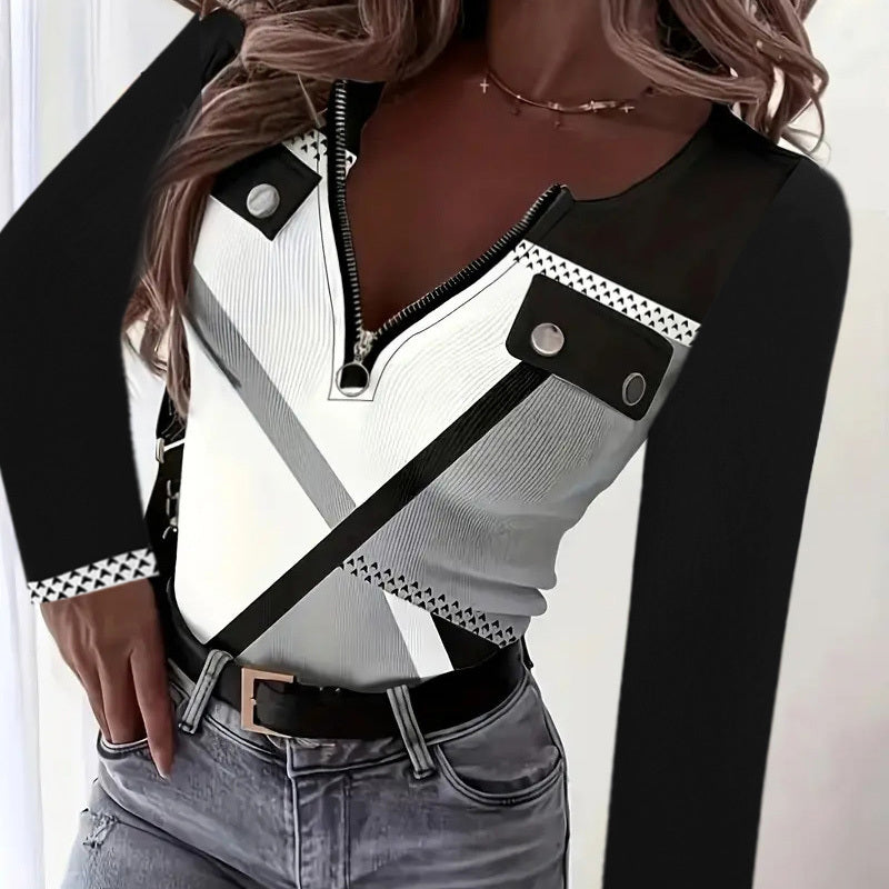 Women's Elegant Color-Block V-Neck Long Sleeve Top With Zip Detail - Spring&Fall Casual & Semi-Formal Blouse