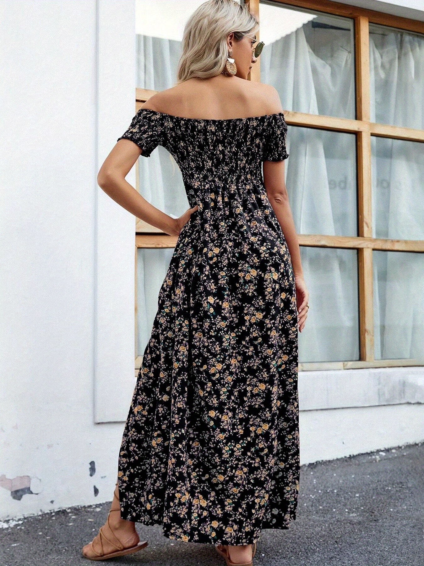Women's Summer Elegant Off-Shoulder Printed Maxi Dress With Slit Hem  Perfect For Parties & Dates