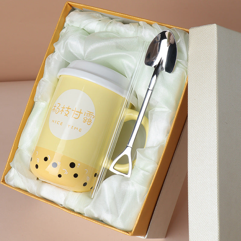 Fashion Personality Ceramic Mug With Lid And Straw Spoon