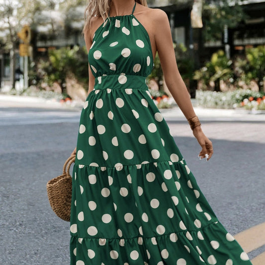 Ladies' Solid Color Summer Fashion Ear Edge A Pendant Shoulder Hanging Neck Detail Dot Printed Dress