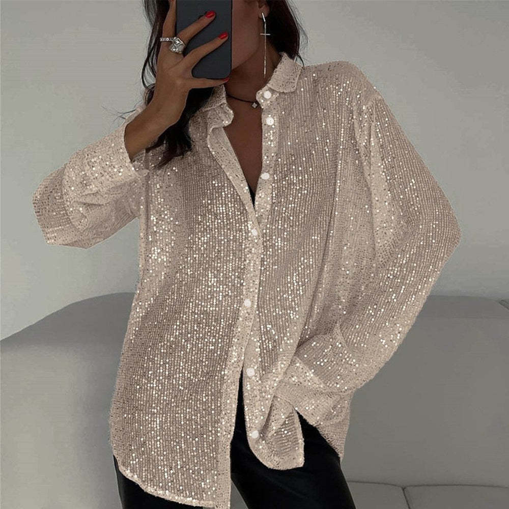 Elegant Women's Sequin Shirt - Stylish Long Sleeve Button-Up Blouse With Glitter Details, Perfect For Party & Casual To Formal Wear