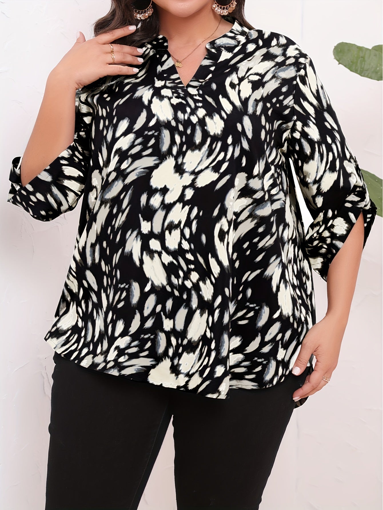 Women's Plus Size Fashion Print Summer Casual Elbow Sleeve Outgoing Top